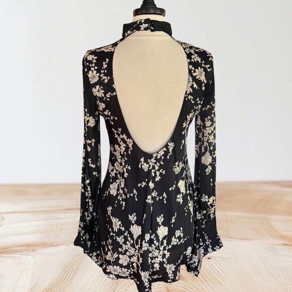 Free People Black Aries Floral Dress Sz S Open Back High Neck Mini Dress Tunic - Picture 6 of 14